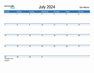 Current month calendar with San Marino holidays for July 2024