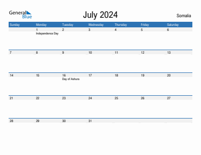 Current month calendar with Somalia holidays for July 2024