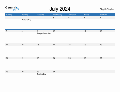 Current month calendar with South Sudan holidays for July 2024