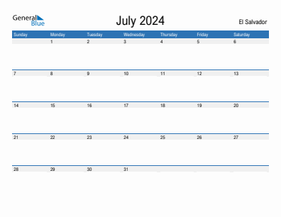 Current month calendar with El Salvador holidays for July 2024