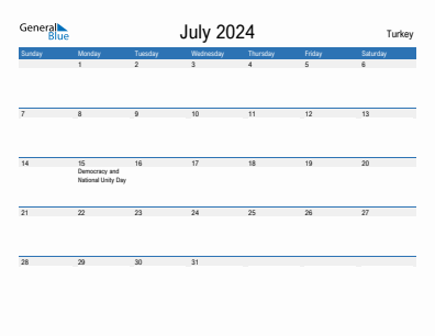 Current month calendar with Turkey holidays for July 2024