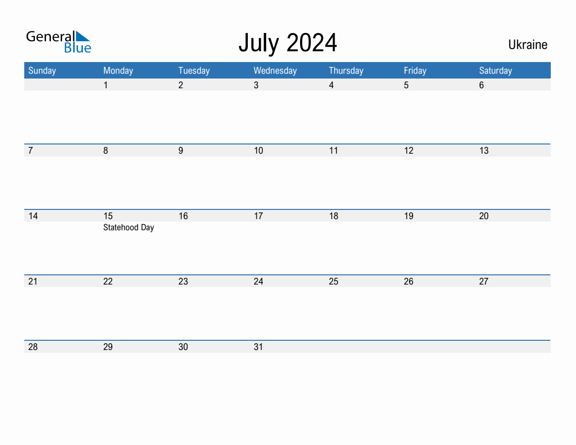 Editable July 2024 Calendar with Ukraine Holidays