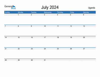 Current month calendar with Uganda holidays for July 2024