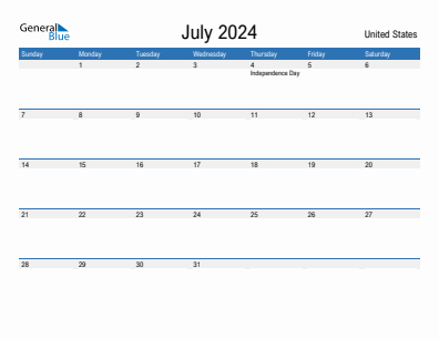 Current month calendar with United States holidays for July 2024