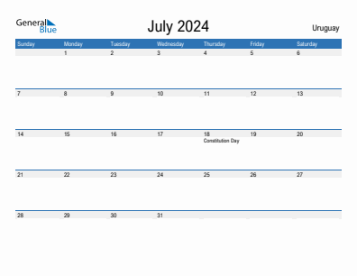 Current month calendar with Uruguay holidays for July 2024
