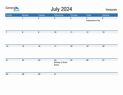 Current month calendar with Venezuela holidays for July 2024