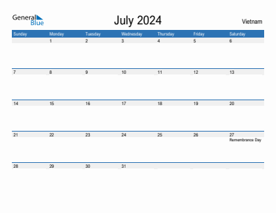 Current month calendar with Vietnam holidays for July 2024