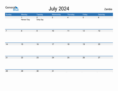Current month calendar with Zambia holidays for July 2024