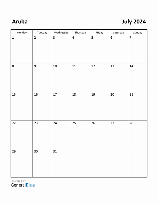 Free Printable July 2024 Calendar for Aruba