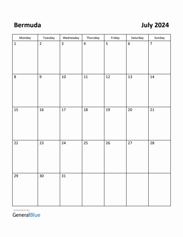 July 2024 Calendar with Bermuda Holidays