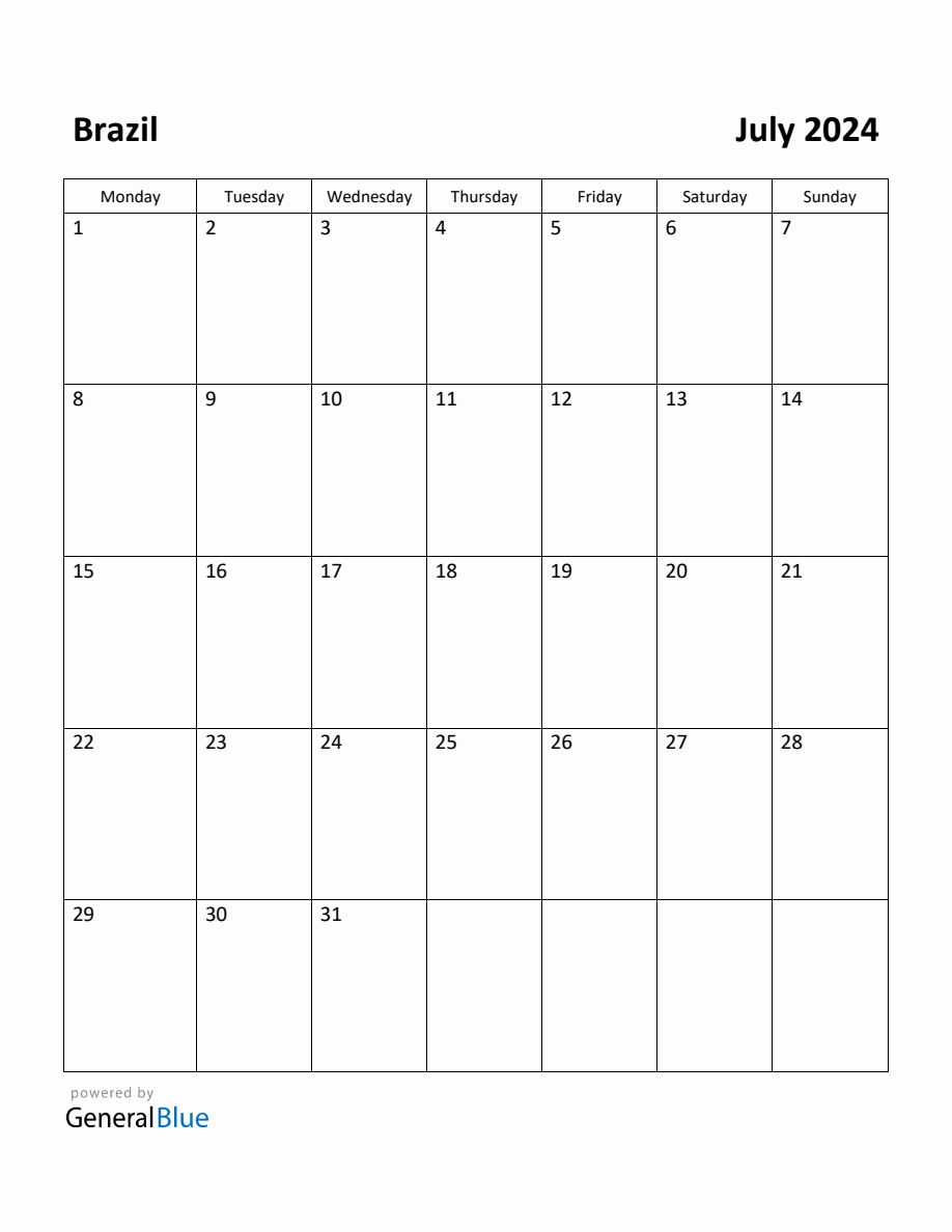 Free Printable July 2024 Calendar for Brazil