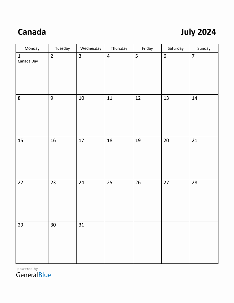 Free Printable July 2024 Calendar for Canada