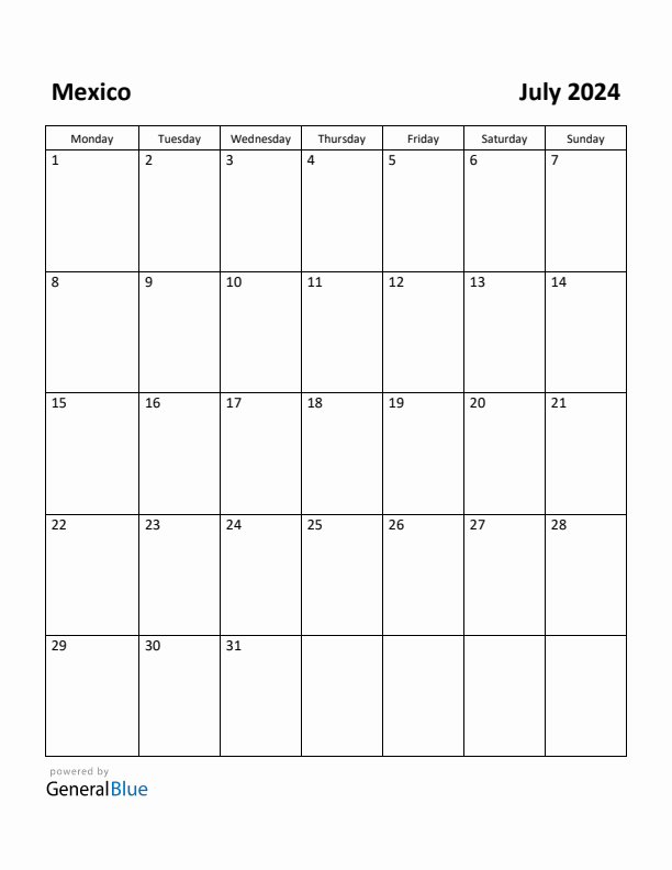 Free Printable July 2024 Calendar for Mexico
