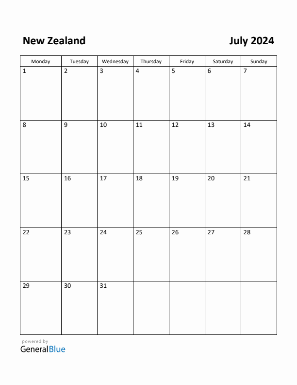 Free Printable July 2024 Calendar for New Zealand