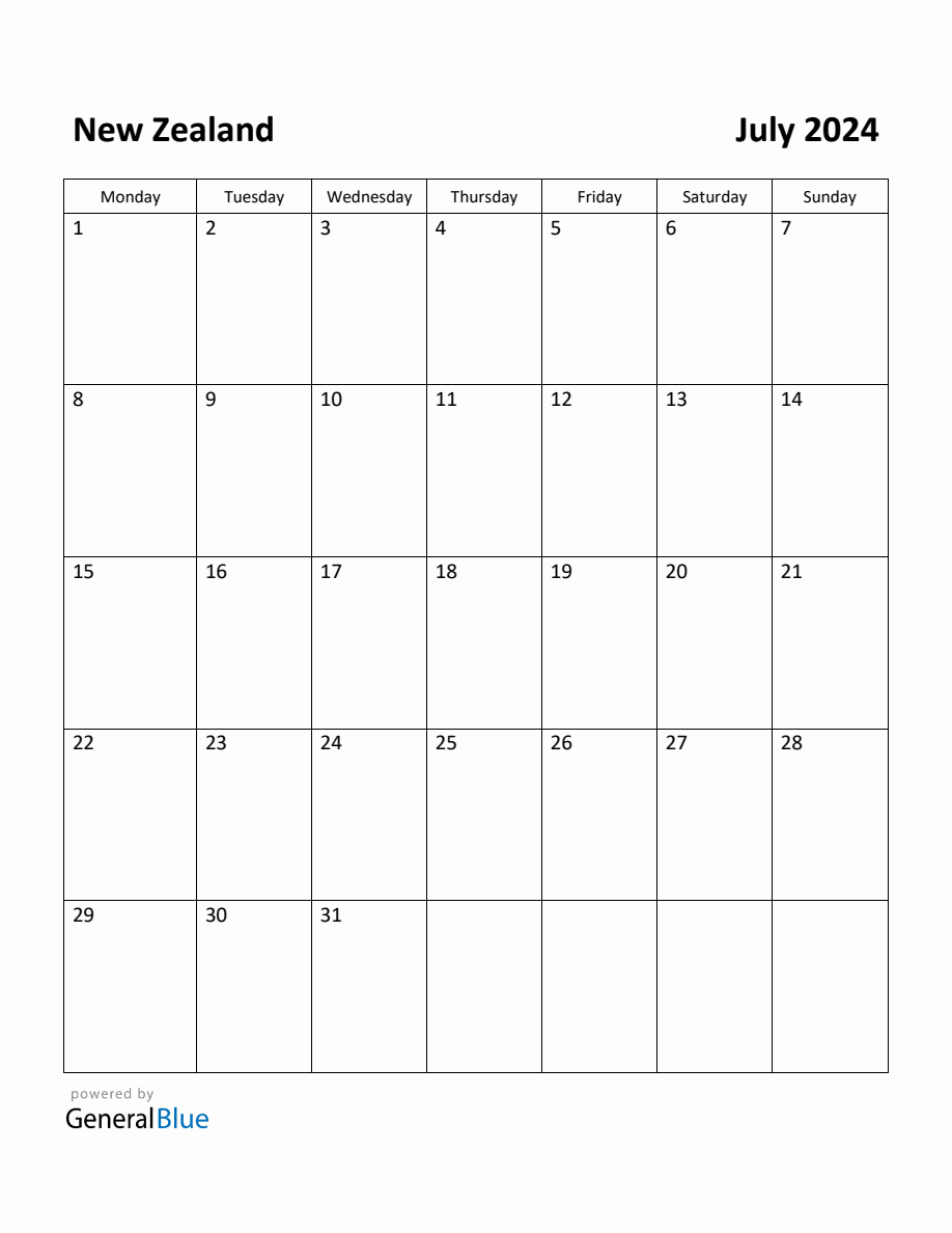 Free Printable July 2024 Calendar for New Zealand