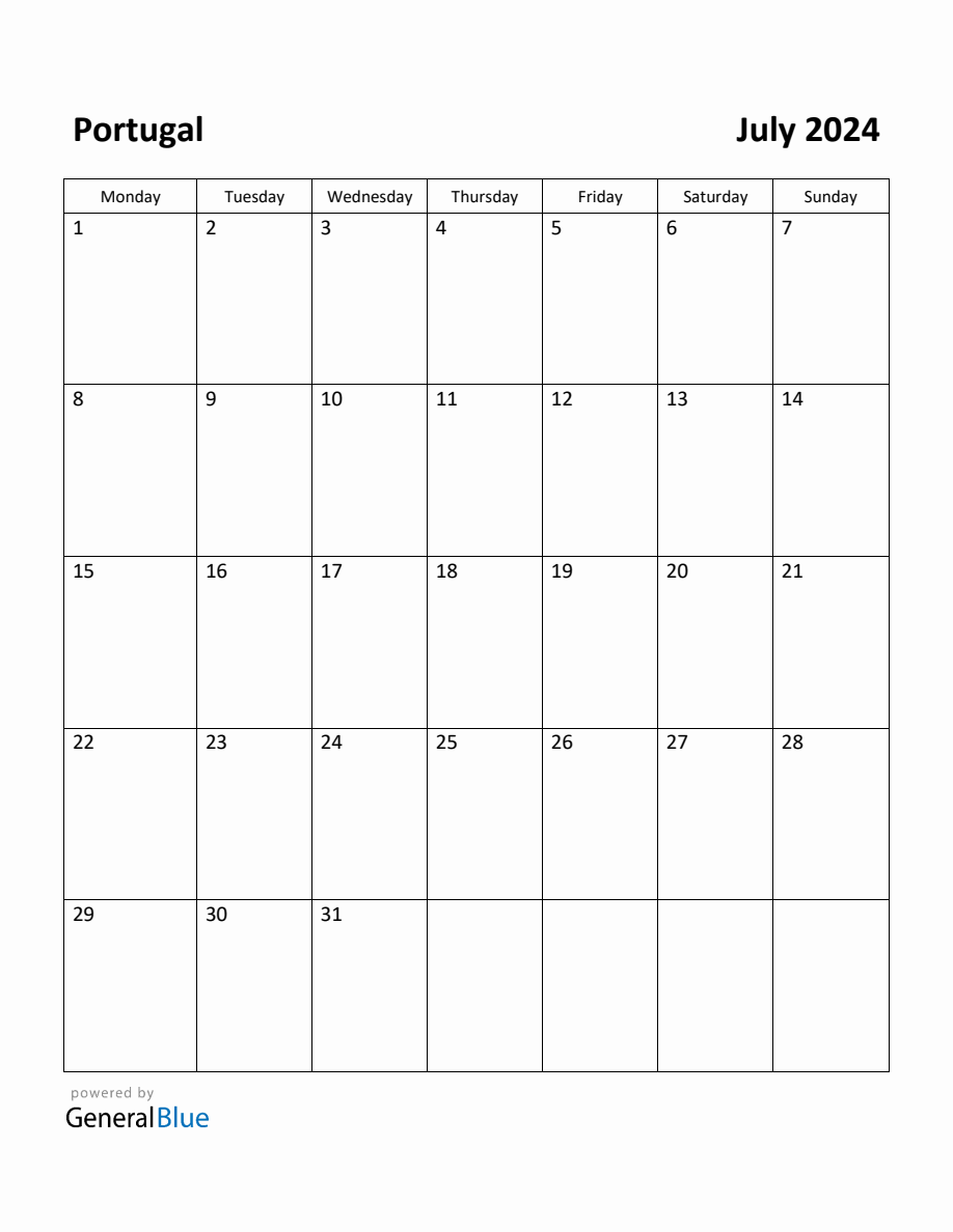 Free Printable July 2024 Calendar for Portugal