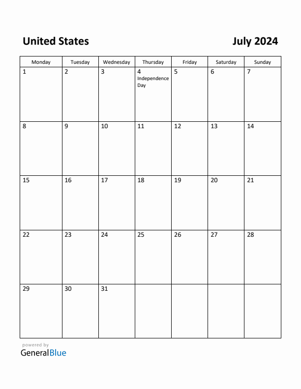 Free Printable July 2024 Calendar for United States