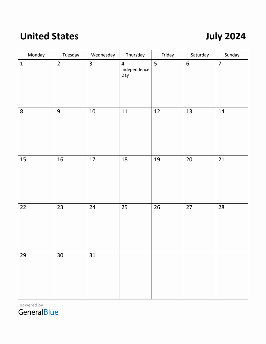 Free Printable July 2024 Calendar for United States