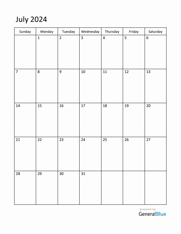 Sunday Start Calendar for July 2024