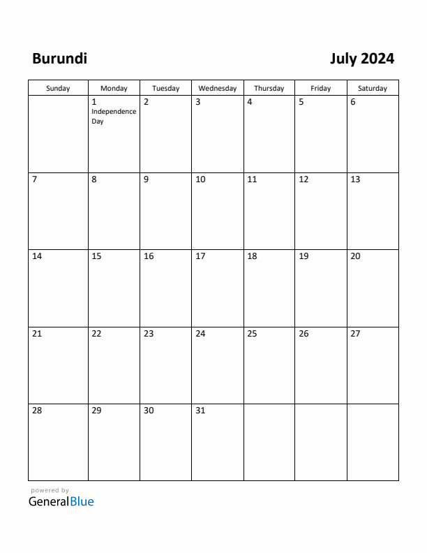 July 2024 Calendar with Burundi Holidays