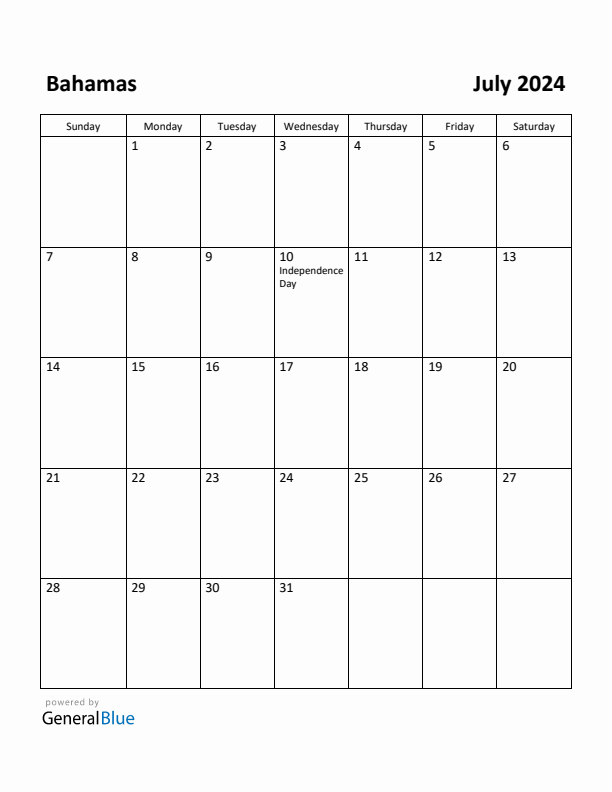 July 2024 Calendar with Bahamas Holidays