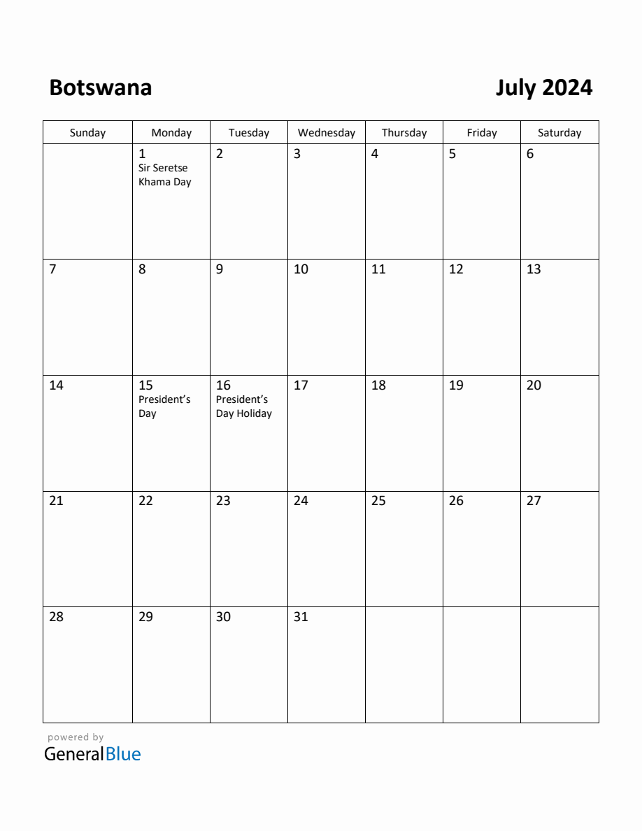 Free Printable July 2024 Calendar for Botswana