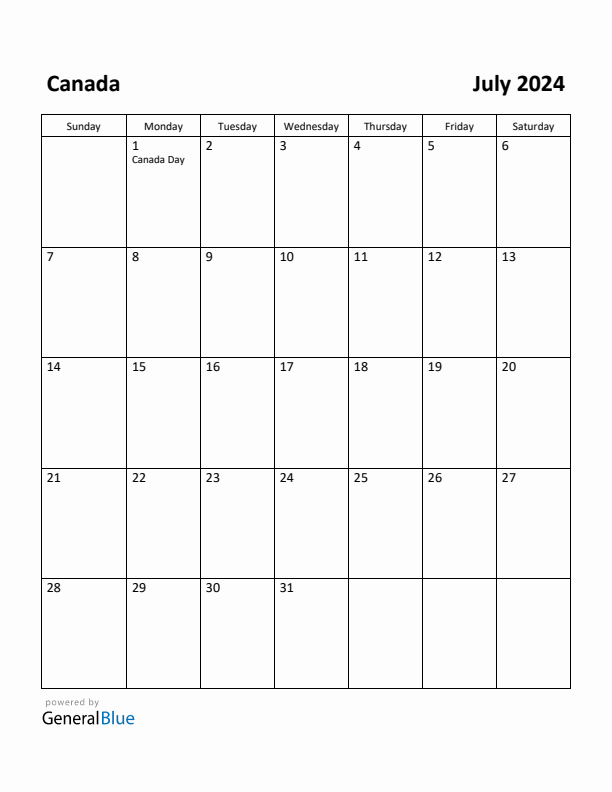 Free Printable July 2024 Calendar for Canada