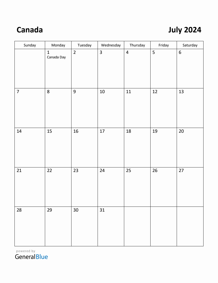 Free Printable July 2024 Calendar for Canada