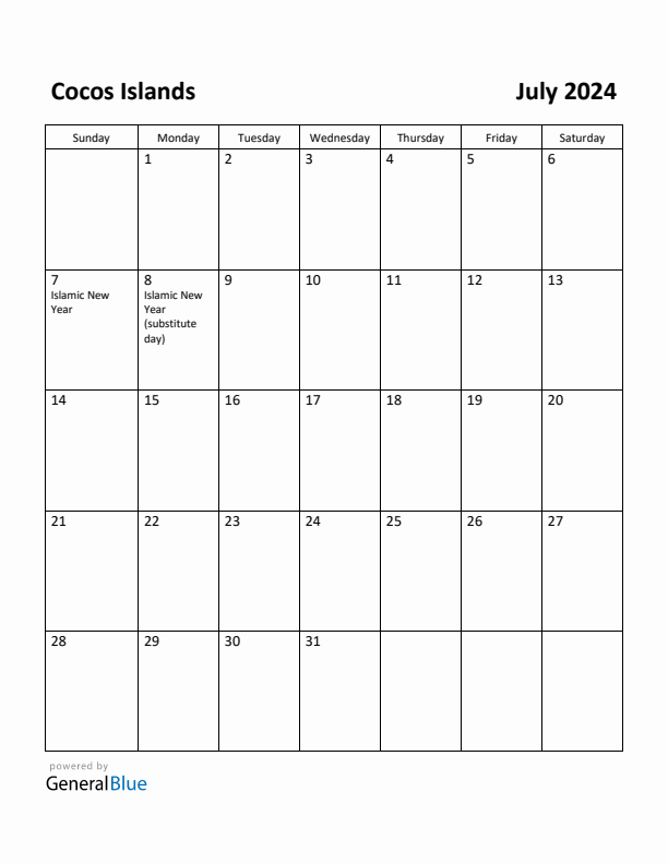 July 2024 Calendar with Cocos Islands Holidays