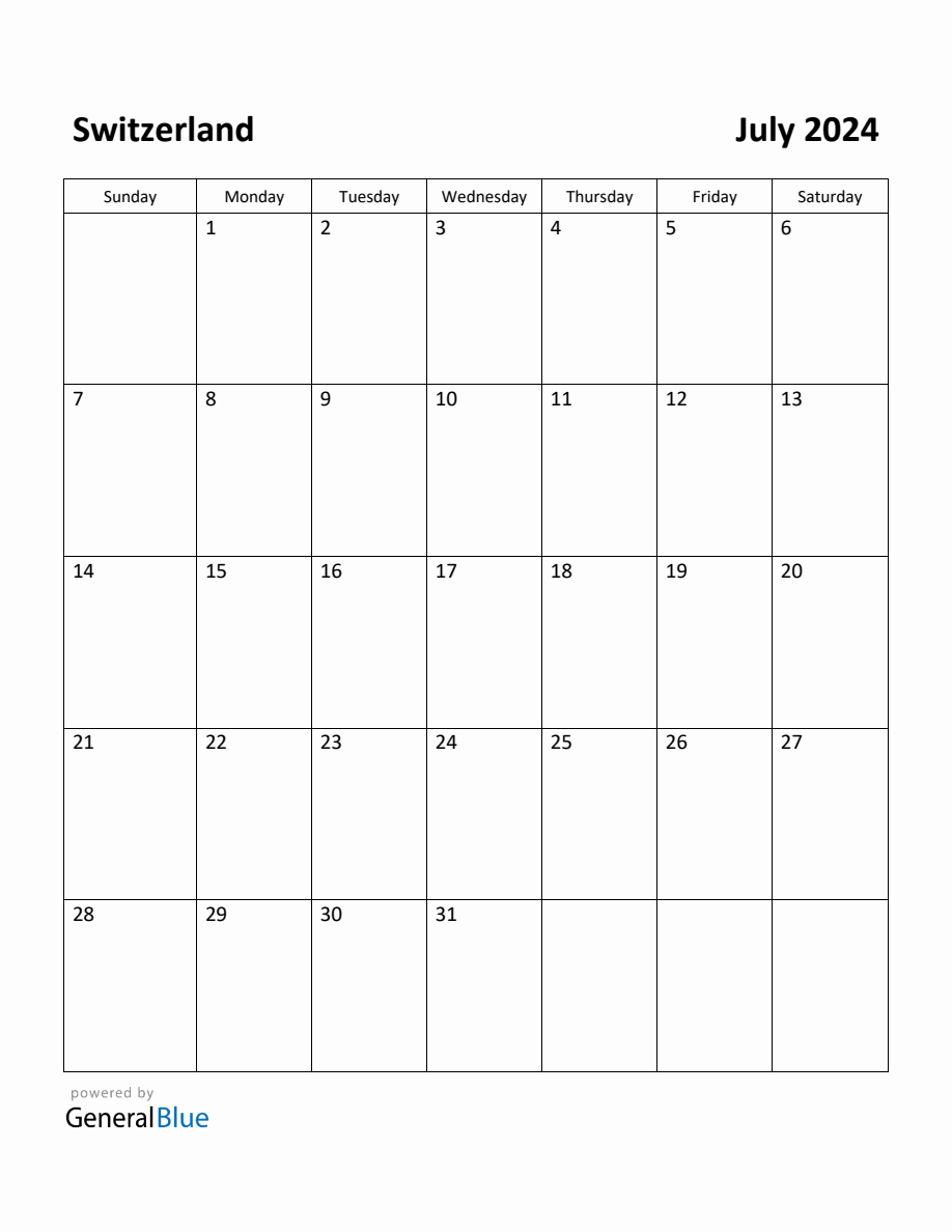 Free Printable July 2024 Calendar for Switzerland