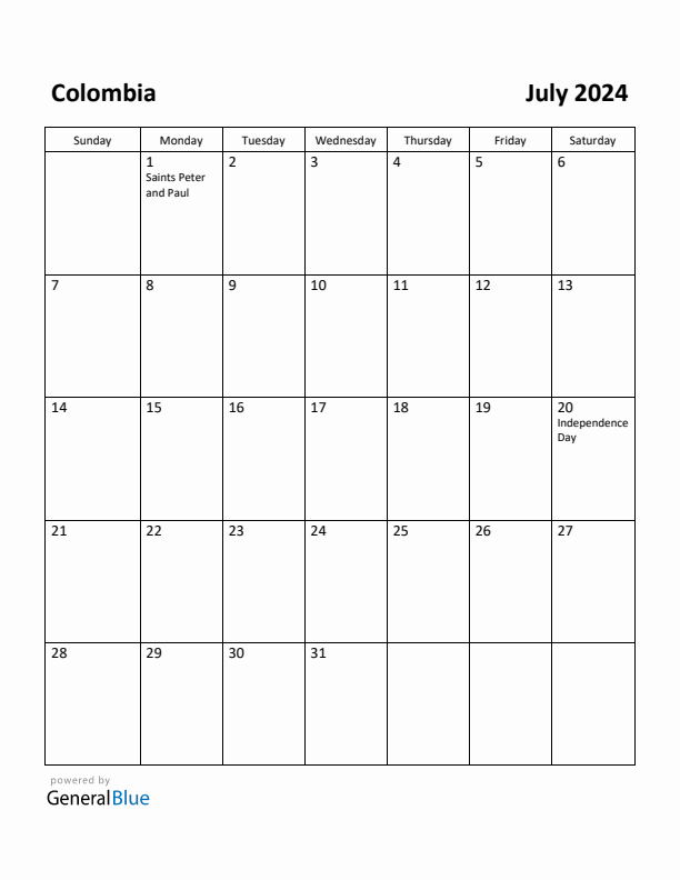Free Printable July 2024 Calendar for Colombia