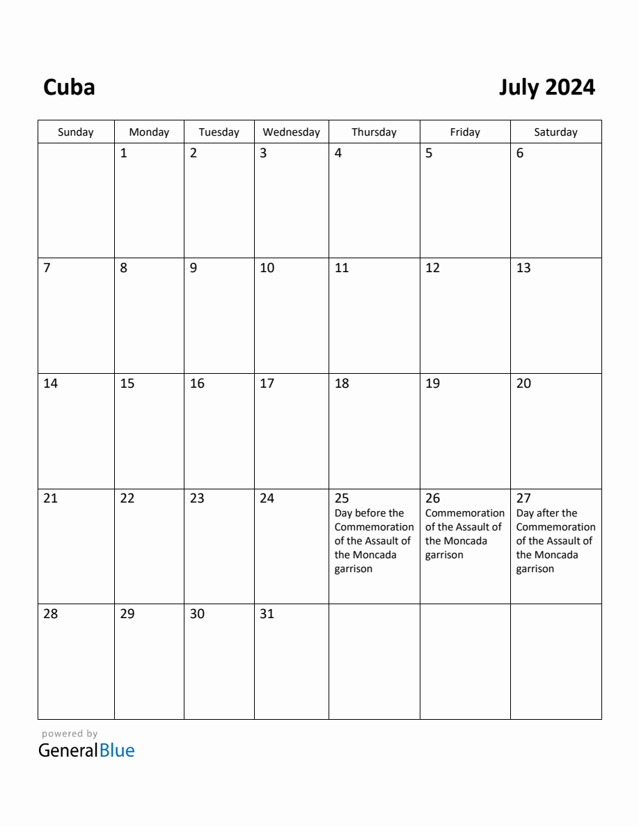 Free Printable July 2024 Calendar for Cuba