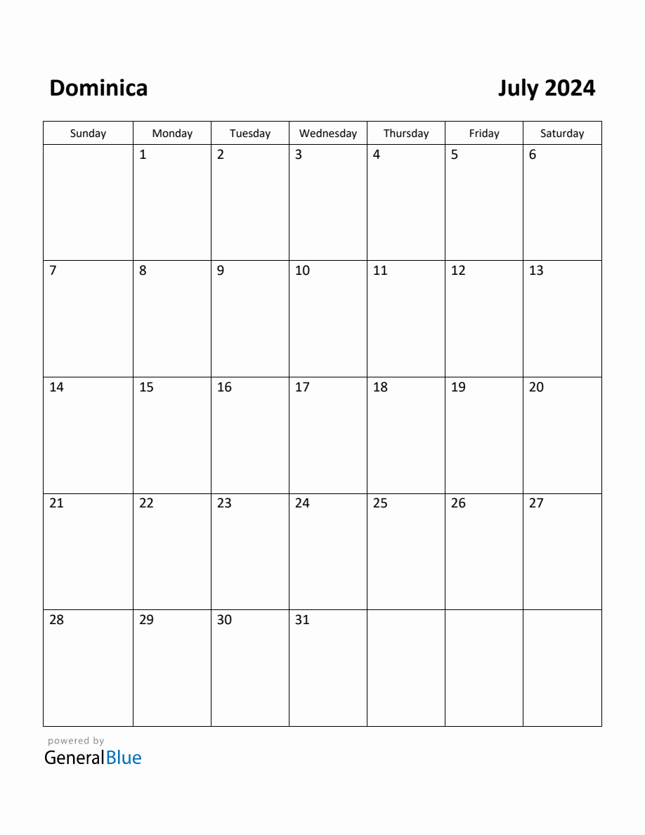 Free Printable July 2024 Calendar for Dominica