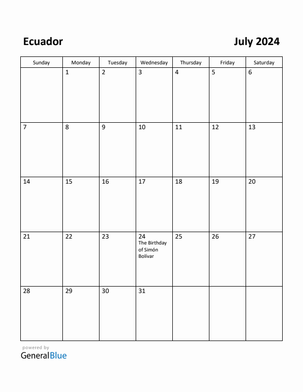 July 2024 Calendar with Ecuador Holidays