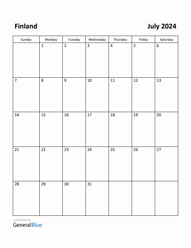 Free Printable July 2024 Calendar for Finland