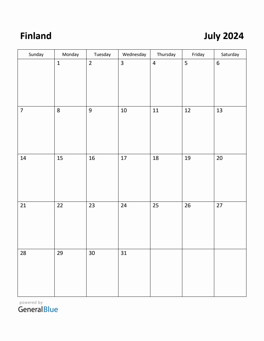 Free Printable July 2024 Calendar for Finland