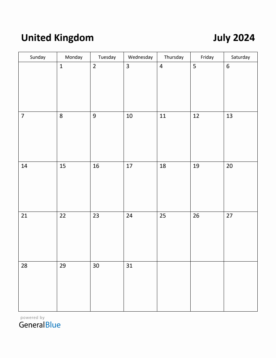 Free Printable July 2024 Calendar for United Kingdom