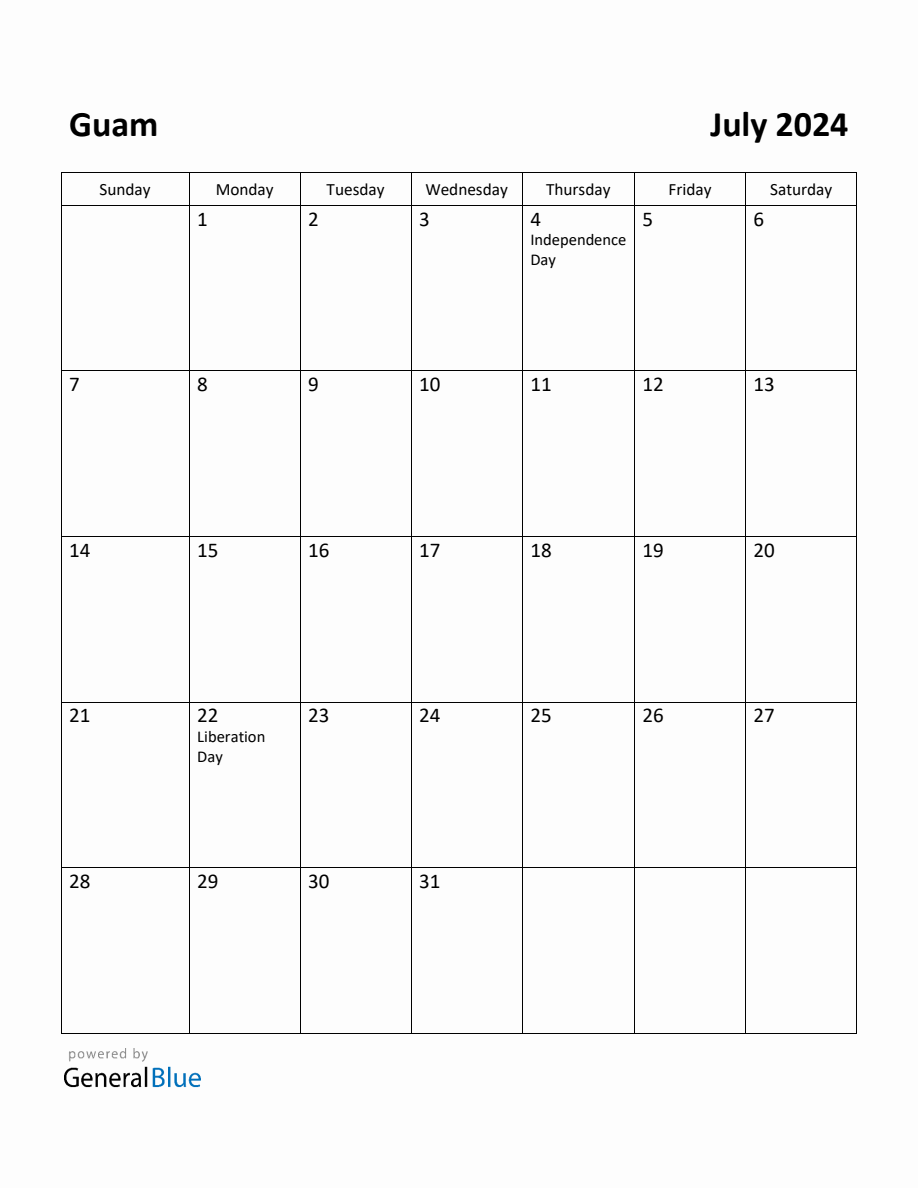 Free Printable July 2024 Calendar for Guam