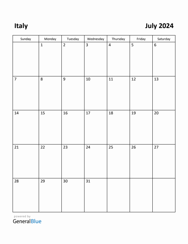 July 2024 Monthly Calendar with Italy Holidays