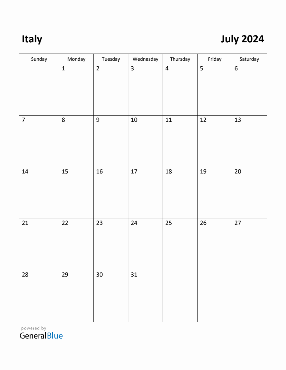 Free Printable July 2024 Calendar for Italy