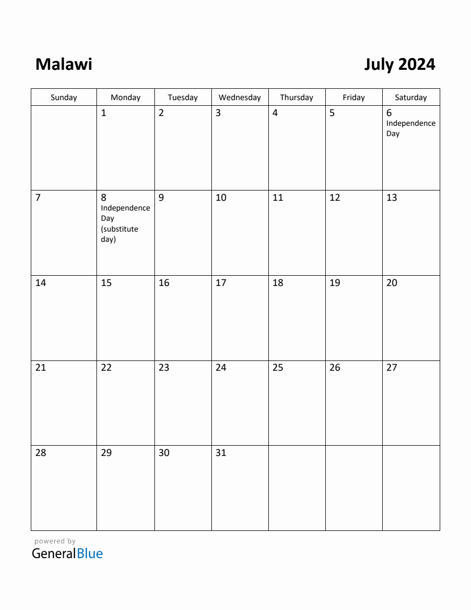 Free Printable July 2024 Calendar for Malawi