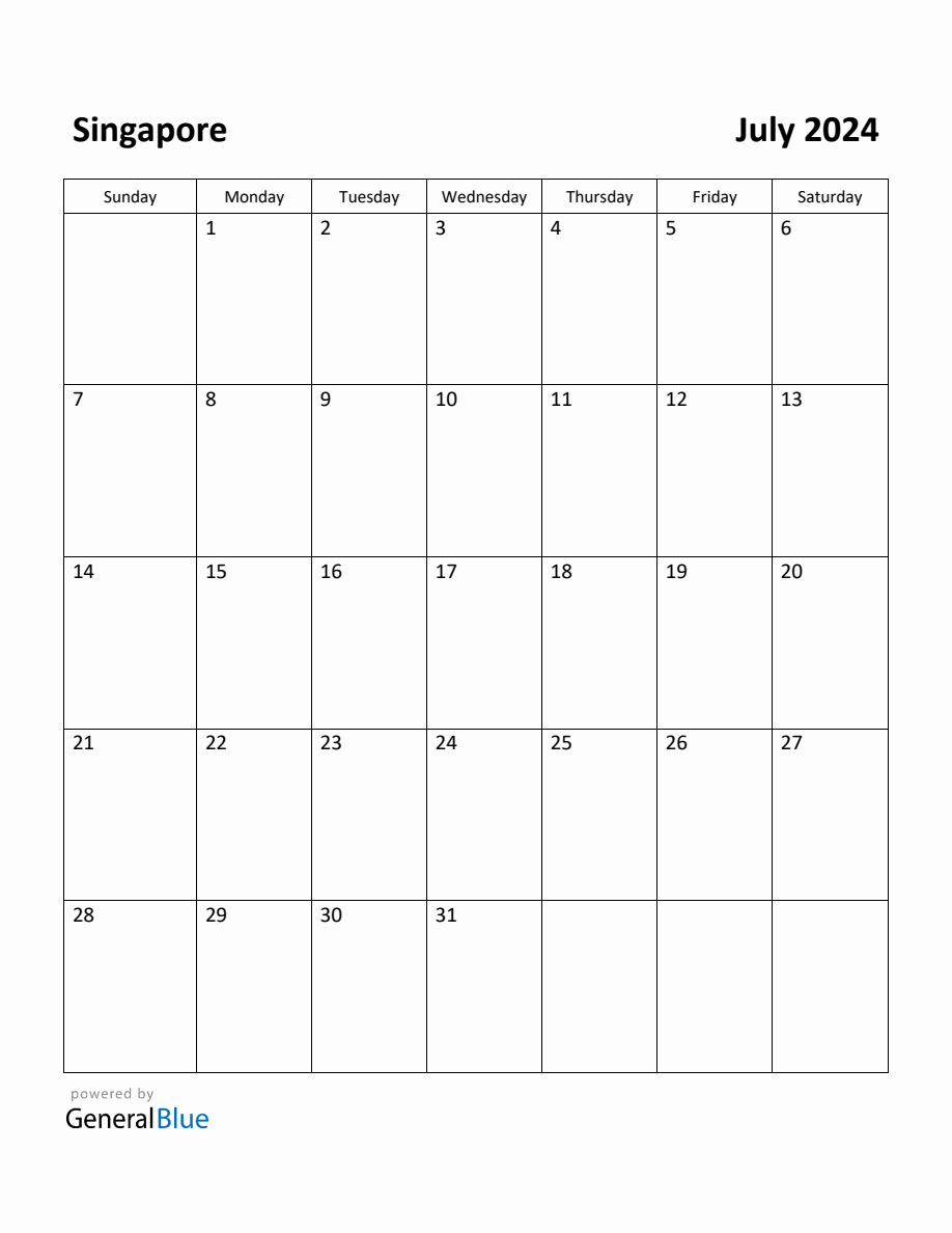 Free Printable July 2024 Calendar for Singapore