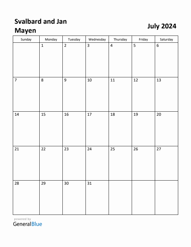 July 2024 Calendar with Svalbard and Jan Mayen Holidays