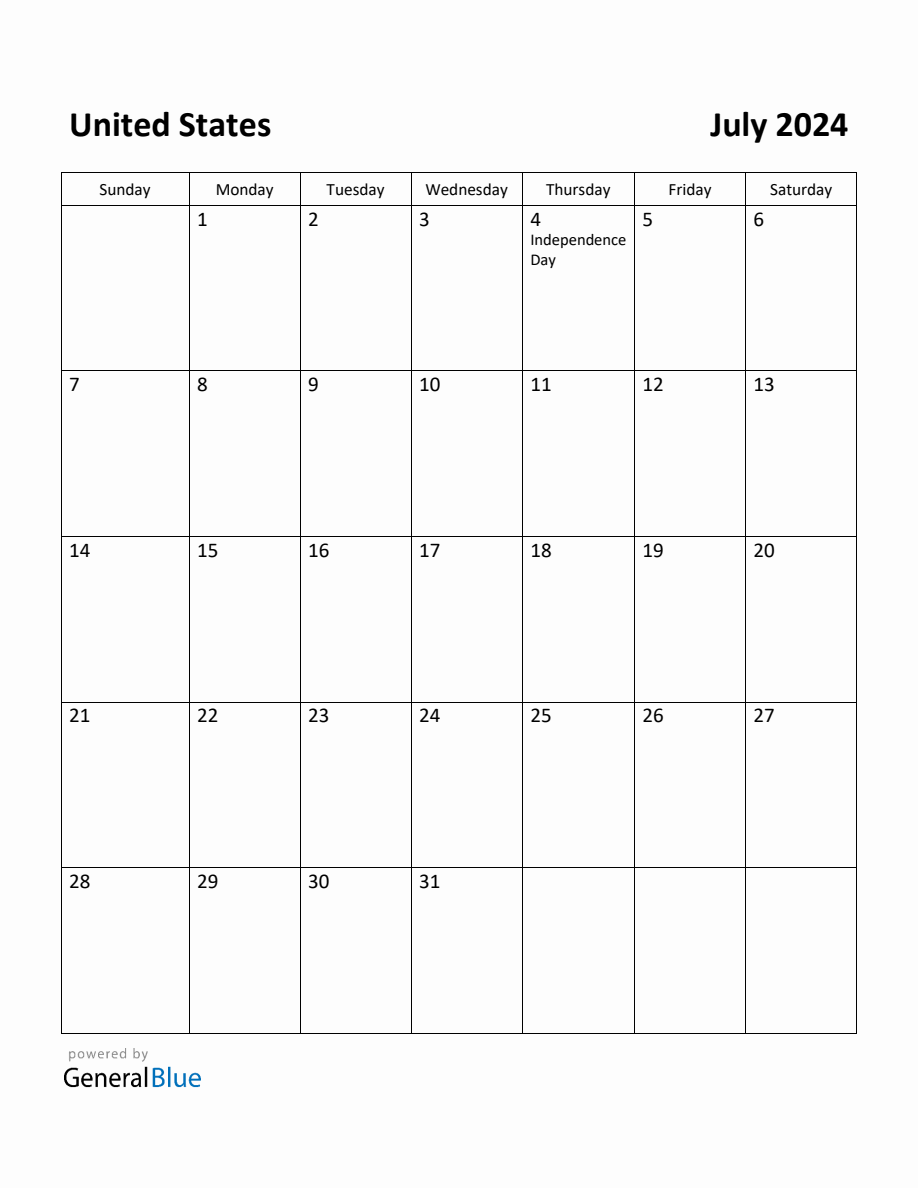 Free Printable July 2024 Calendar for United States