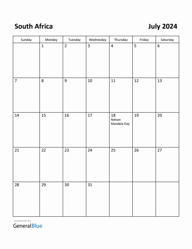Free Printable July 2024 Calendar for South Africa