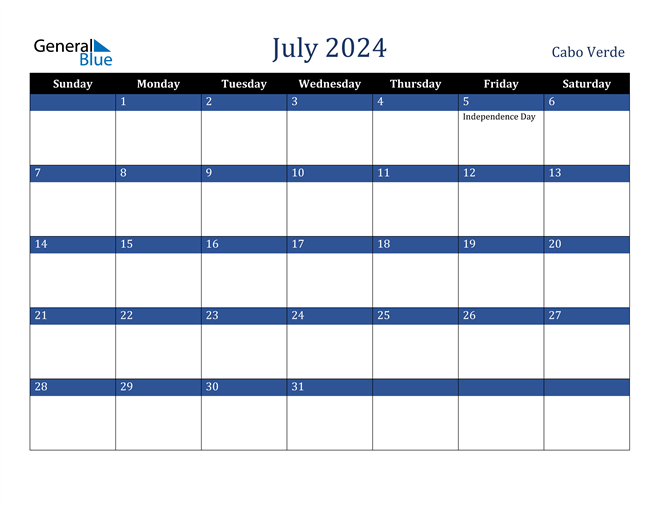 Cabo Verde July 2024 Calendar with Holidays