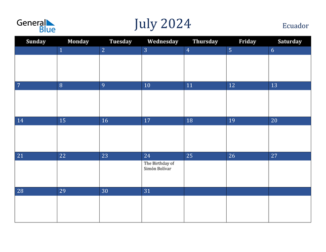 July 2024 Ecuador Calendar