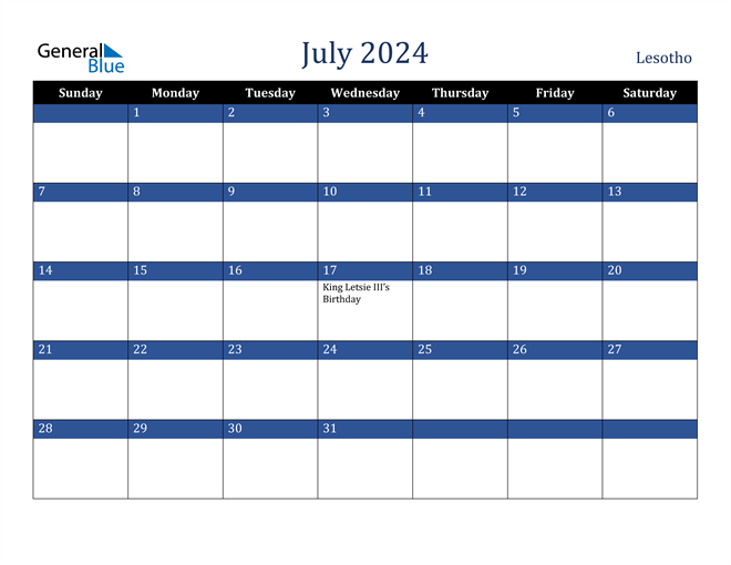 Lesotho July 2024 Calendar with Holidays