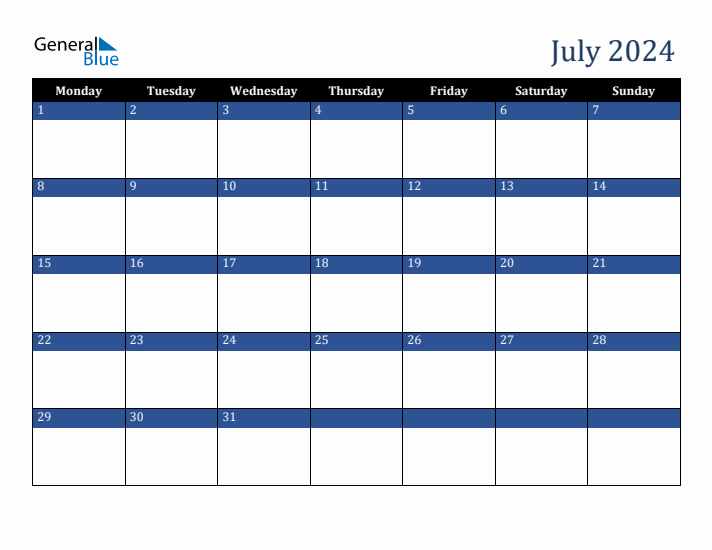 Monday Start Calendar for July 2024