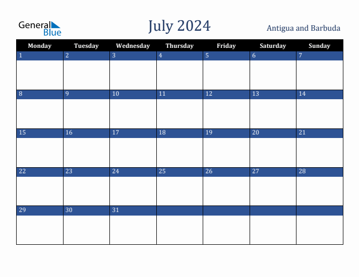 July 2024 Antigua and Barbuda Calendar (Monday Start)